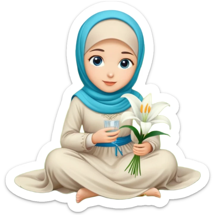 Turkish beautiful finish Konya girl blue eyes with lily flower hijab long tail dress and sits on the grass on the ground and hold lily flower on hand  sticker