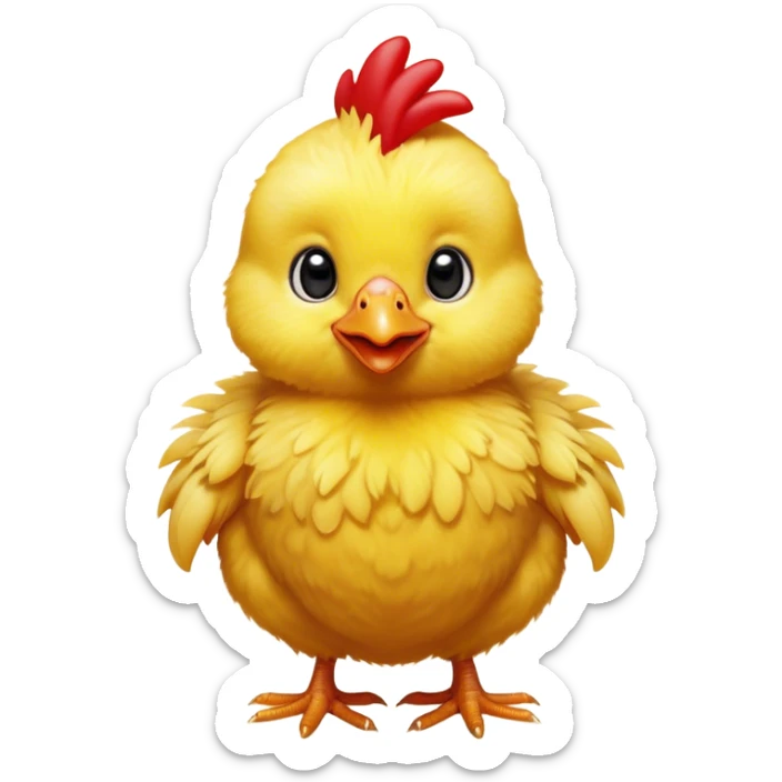 Cinematic Cute Yellow Baby Chicken Portrait Emoji, Head tilted playfully and inquisitively, featuring a fluffy, vibrant yellow downy coat with a tiny red comb, round, sparkling beady eyes filled with curiosity, Simplified yet irresistibly adorable features, highly detailed, glowing with a warm, friendly glow, high shine, affectionate and lively, stylized with a touch of playful whimsy, bright and endearing, soft glowing outline, capturing the essence of a mischievous yet loving chick, so playful it feels like it could peep out of the screen and into your arms! sticker