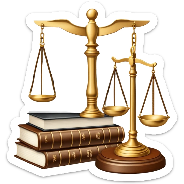 An icon featuring a gavel, scales of justice, and legal books, symbolizing law. The design includes a courthouse building in the background, representing the legal system and justice. Transparent background highlights the authority and structure of the law. sticker