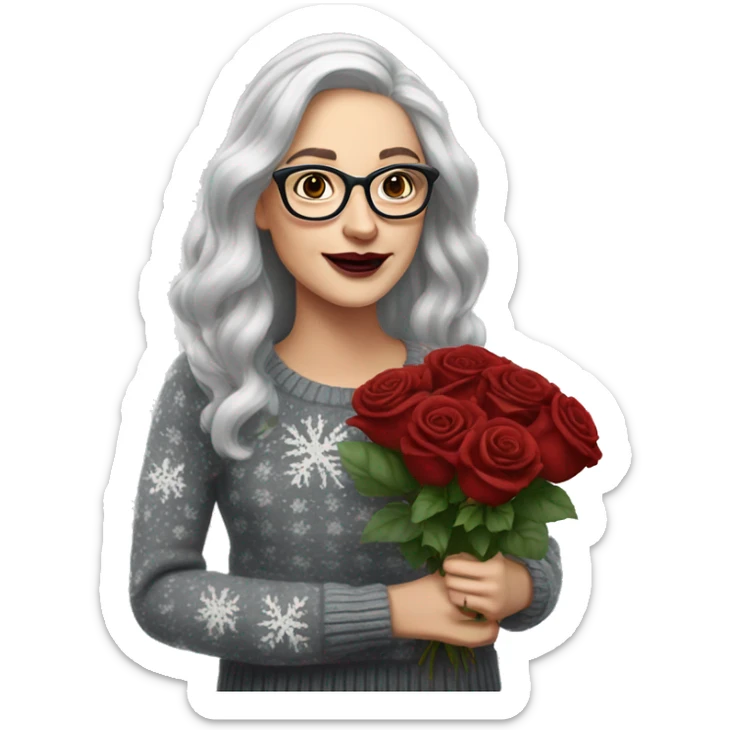Attractive Caucasian woman with long grey hair, wearing wire frame glasses, dark red lipstick, and a christmas sweater, holding a bouquet of roses sticker