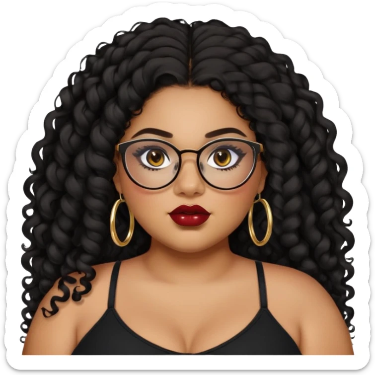 teen big plus size, latina, darker tan skin, gold hoops, long black curly hair, baddie,pretty, makeup, dark red lipgloss, black eyeliner, long hair, black top, black glasses sticker