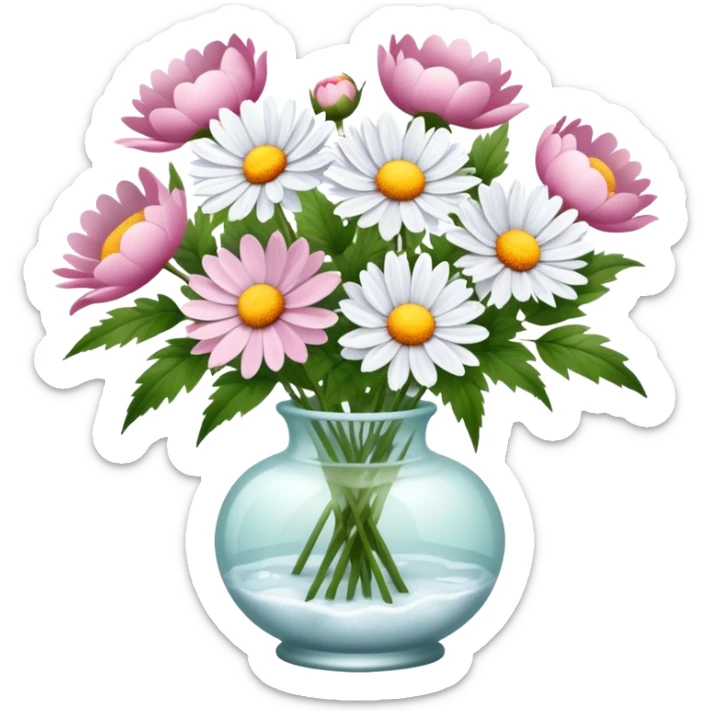 A bouquet of daisies of the color Wild Rose in a glass vase of the color Frosty Peony  sticker