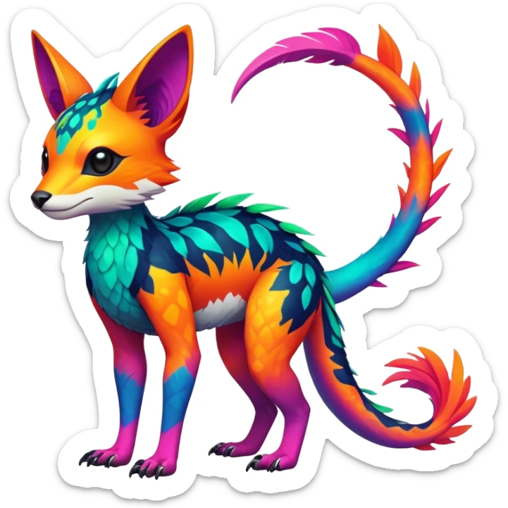 Rare realistic exotic edgy epic cute neon colorful tropical lush vibrant pretty beautiful handsome gorgeous aesthetic colorful vibrant Vernid-Trico-species-Fakemon-creature by LiLaiRa, 4 legs, 1 tail, random markings, (full body) sticker