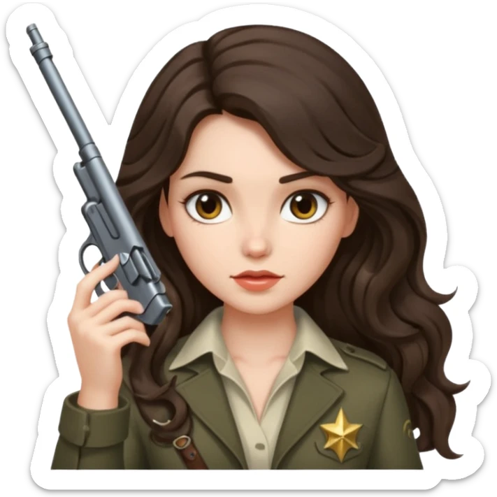 A brunette with long wavy hair girl who is about to kill herself with a littlr gun pointed at her temple sticker