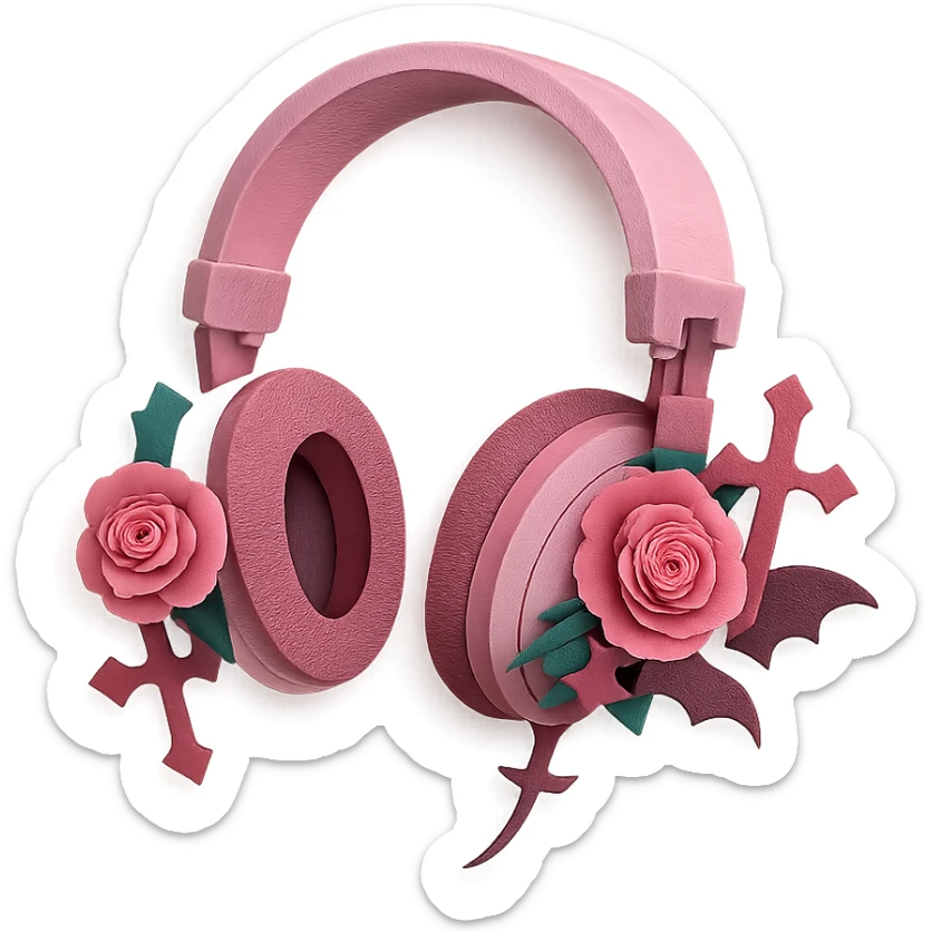 pink gothic headphones with layered paper roses and gothic motifs sticker