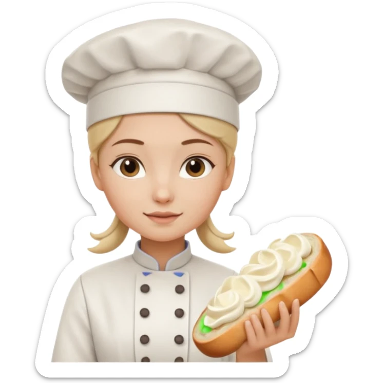 Young female baker - white chef hat, holding cream piping bag to milk oil on bread sticker