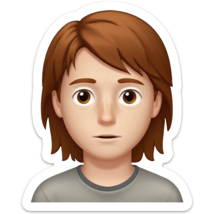 A young white boy with brown hair and eyes, with slightly long, straight and disheveled hair, Make it look aesthetic sticker