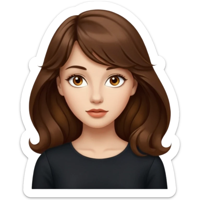 kahverengi uzun Dalgalı saçlı, hafif perçemli; kehribar gözlü, küçük kalkık burunlu ve dolgun dudaklı. Oval yüzlü, çıkık elmacık kemikli. Omuzları geniş, beli ince, kalçası dolgun.şık bir tarzda, dikkat çekici bir kadın. siyah üstü olucak. sticker