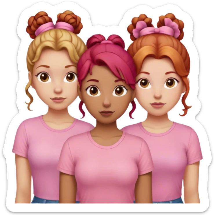 Three sisters one of them have red hair with buns. One of them have dirty blonde hair with ponytail. One of them have white curls with brown hair and they are all wearing pink shirts sticker