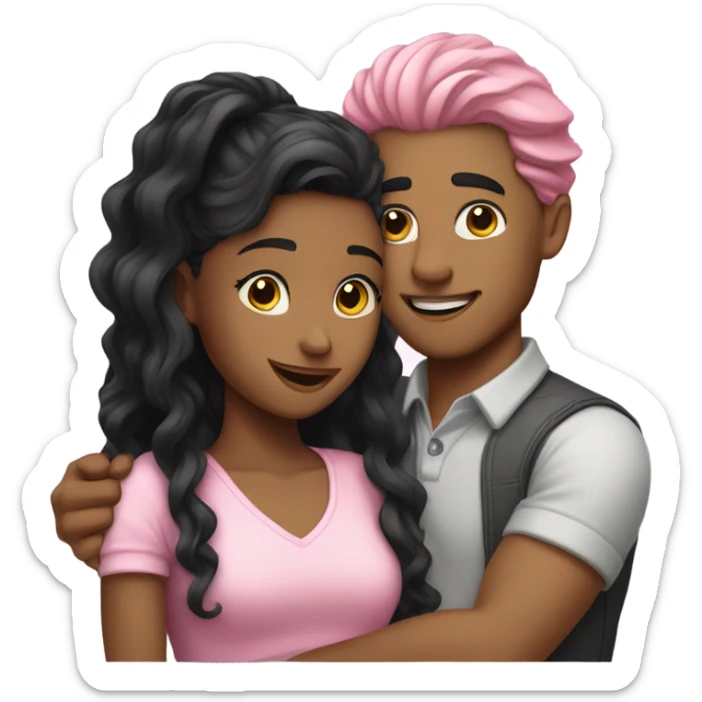 make a guy and a girl, they are hugging, the girl has pink long wavy hair. The guy has black hair and light skin sticker