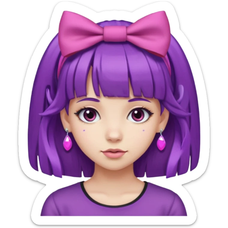 girl with bangs and purple hair and pink hairbow on the side of head and earrings sticker