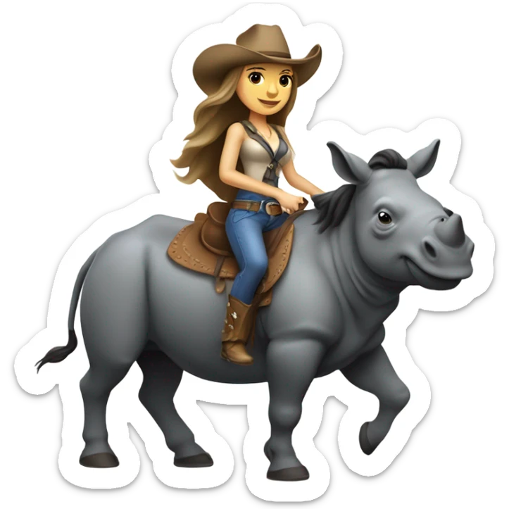Caucausian woman with long hair with a cowboy hat and she’s riding a rhinoceros sticker