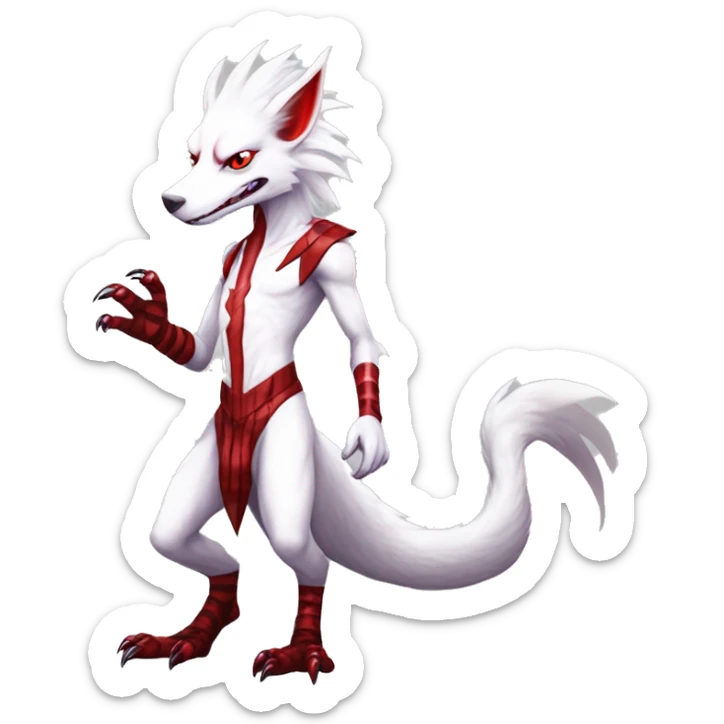 White edgy cute badass epic anthro modern albino sergal-vernid-Fakémon with red mane and red eyes with red edgy stripes, red claws, two-legged, full body sticker