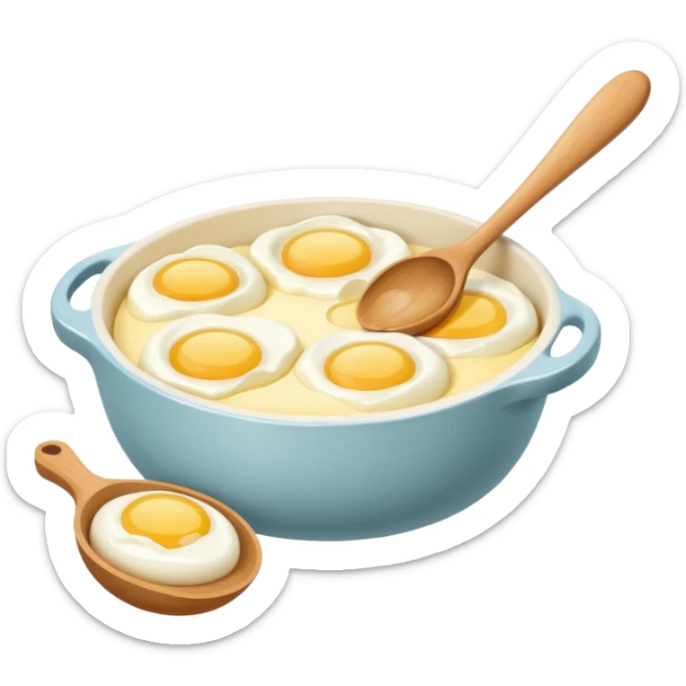 A carton of eggs, butter and a cream ceramic baking bowl with a wooden spoon in it sticker