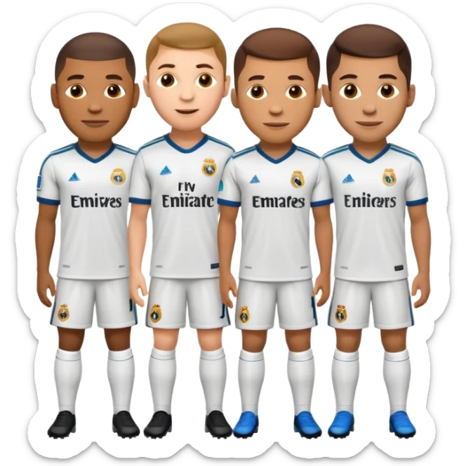 apple style emoji of Real Madrid and Barcelona football players including famous players like Mbappe, Ronaldo, Neymar, and Messi standing together saying funny phrases emphasizing team spirit and rivalry sticker