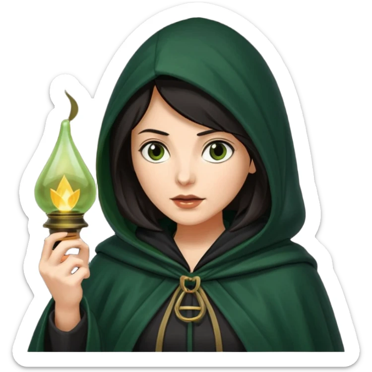 traitor tv show, dark haired woman wearing dark green cloak with hood up who looks very evil and is holding up a lantern sticker