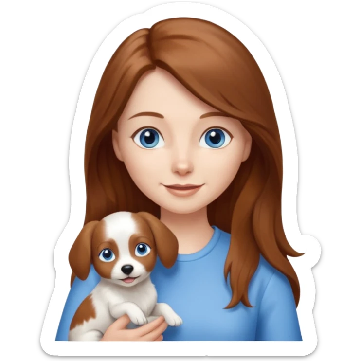 long hair chestnut color blue eyes woman holding small just white dog sticker