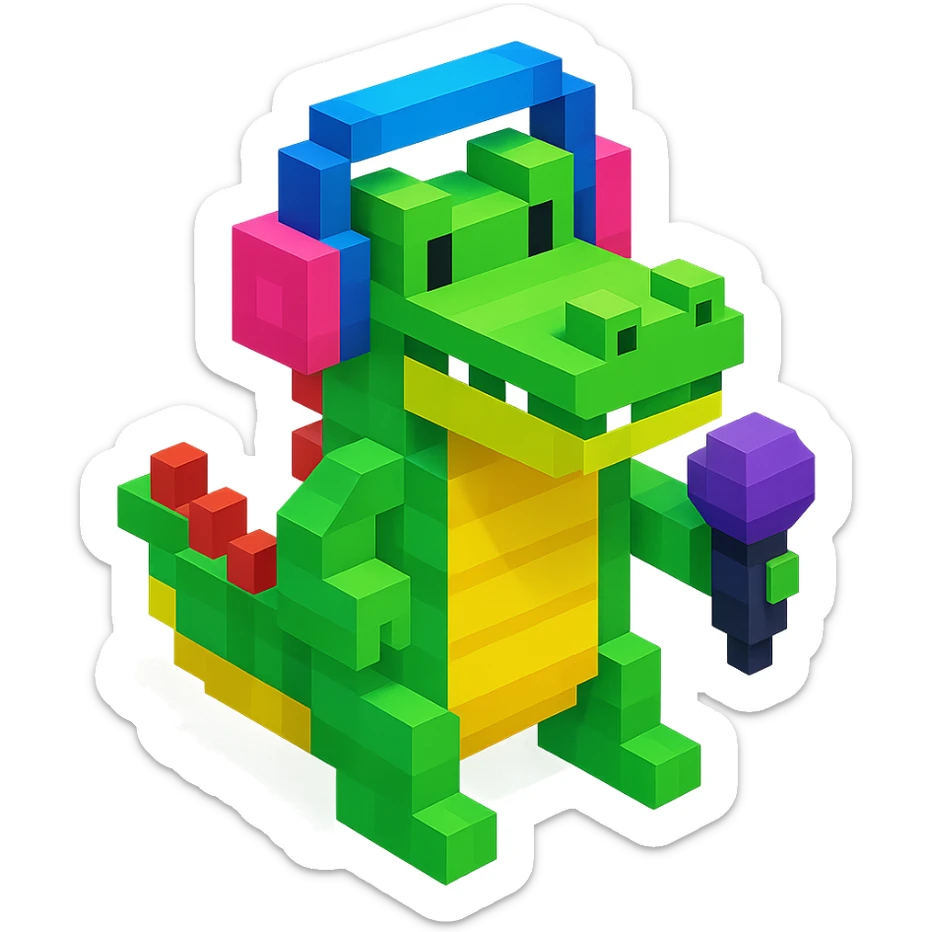 crocodile with headphones holding a microphone, isometric view, voxel style sticker