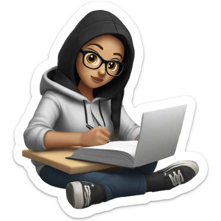 a white girl with black hair in a hoodie and glasses sitting at kitchen table studying sticker