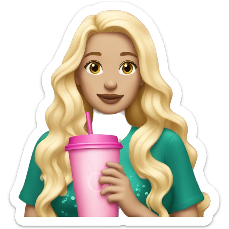 blonde mermaid drinking pink starbucks wearing a pink bow in long wavy blonde hair sticker