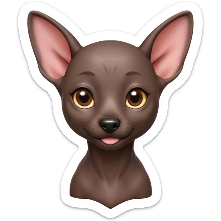 Cinematic Cute Xoloitzcuintle Portrait Emoji, Head tilted playfully and inquisitively, featuring smooth, hairless ebony skin with distinctive, artistic wrinkles, round, sparkling dark eyes filled with curiosity, Simplified yet irresistibly adorable features, highly detailed, glowing with a warm, friendly glow, high shine, affectionate and spirited, stylized with a touch of whimsy, bright and endearing, soft glowing outline, capturing the essence of a mischievous yet loving companion, so playful it feels like it could trot out of the screen and into your arms! sticker