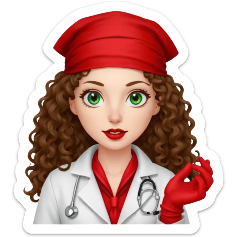 Spanish sexy evil woman. She has green eyes.  had brown long curly hair.  evil surgeon kills with needle wears red sexy doctor coat with red bandana on her mouth and nose to hide and wearing red gloves.  sticker