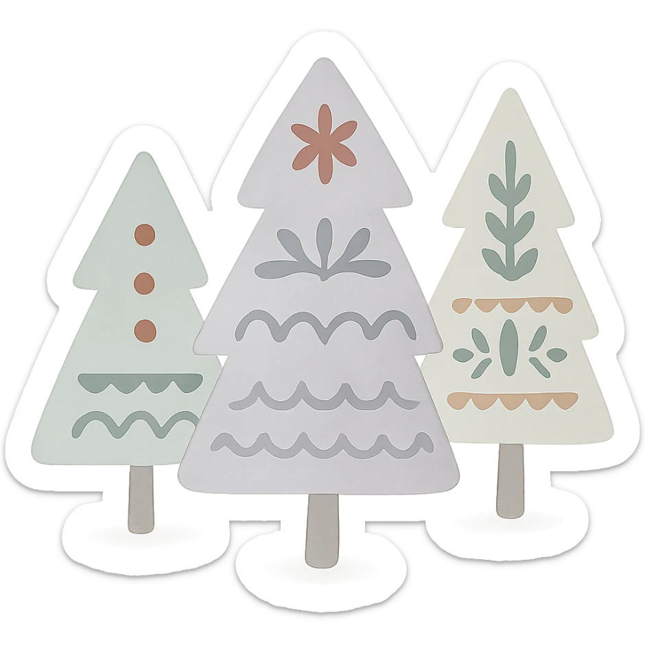 logo style illustration of evergreen trees in Scandinavian folk art style, neutral color tones, watercolor texture sticker