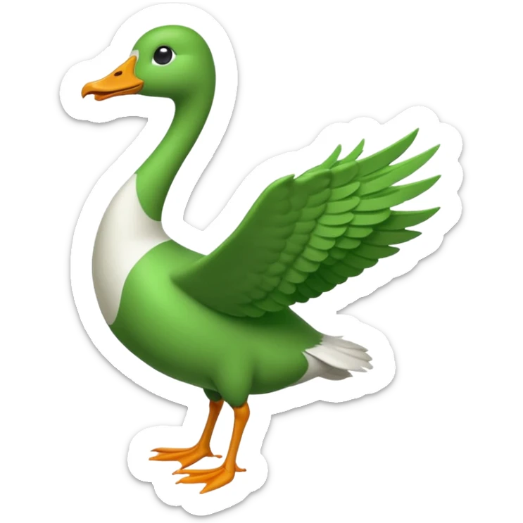 Emoji of a running goose with a very long neck and two legs. Use the shape of 🪿 but color the entire goose bright green (#39C700). Make sure the neck, body, wings, and legs are fully green, like a white goose dyed completely green, with no white parts. sticker
