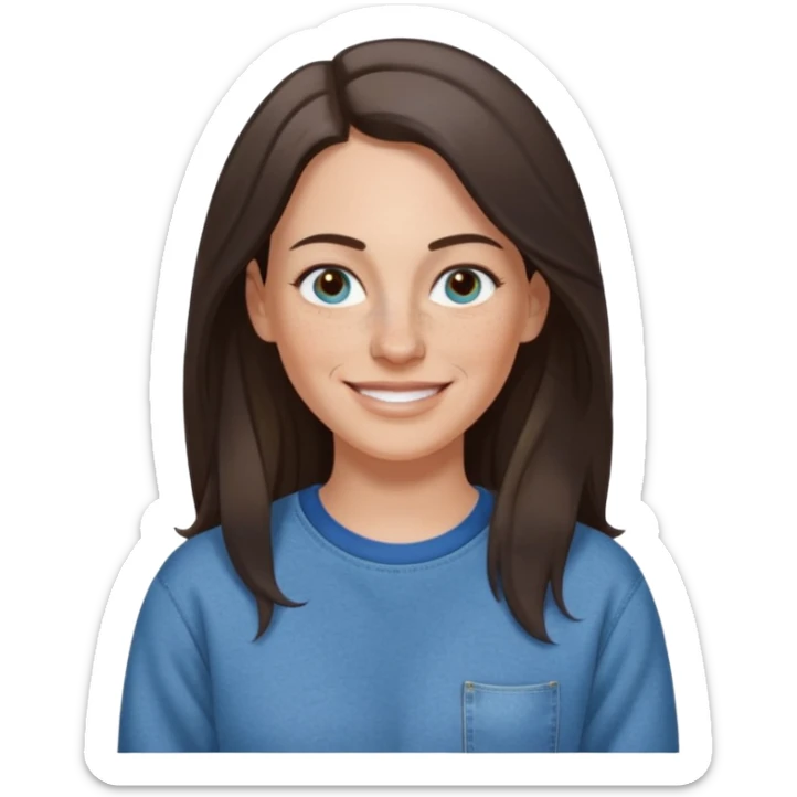 A 38 year old white woman with long dark brown hair parted in the middle. She has a nose ring. She has freckles and is wearing a sweatshirt and jeans smiling sticker