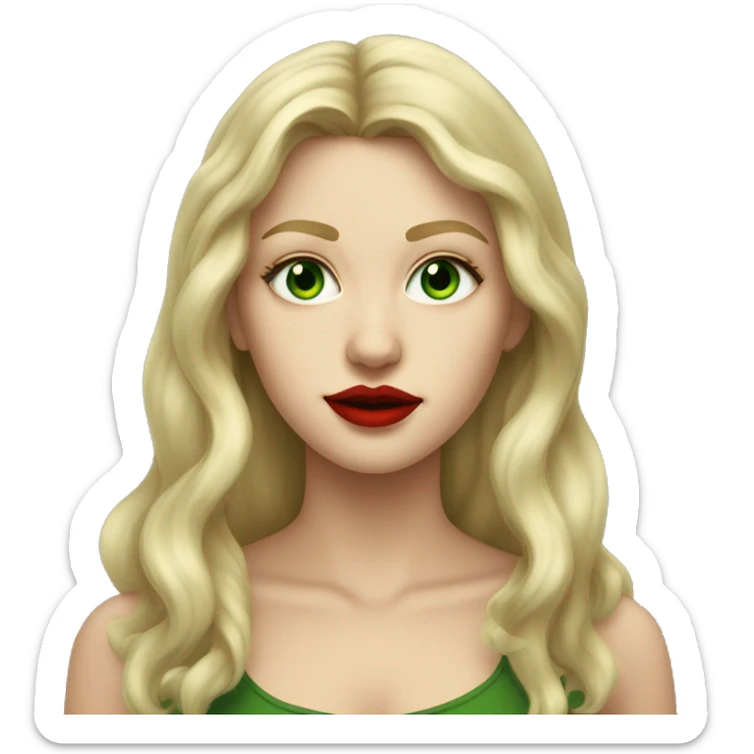 A tall, long-haired blonde girl with green painted eyes, red lips, in the style of old many sticker