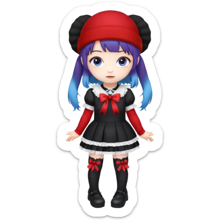 Chibi kawaii, violet eyes, black-blue twin tails, red ribbons, red beanie, black & white lolita dress with red accents, white thigh-highs, black mary janes, cute aesthetic. sticker