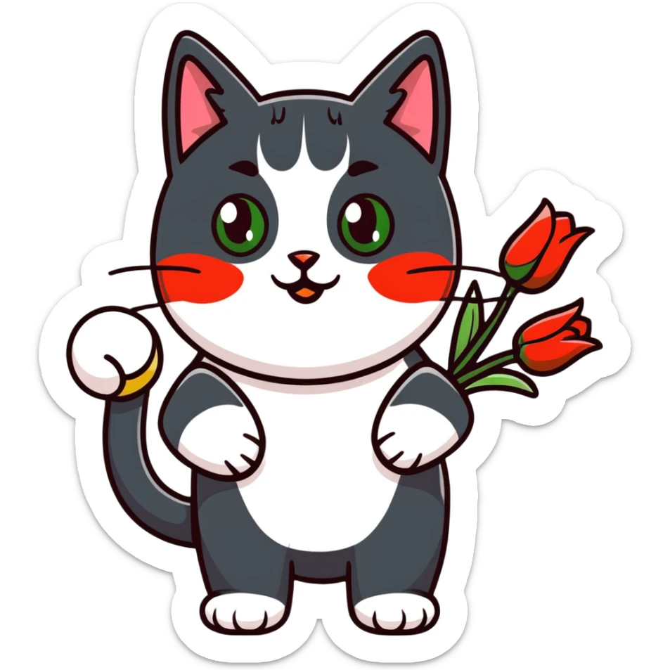 tricolor fluffy cat with big green eyes holding red tulips in her arms sticker