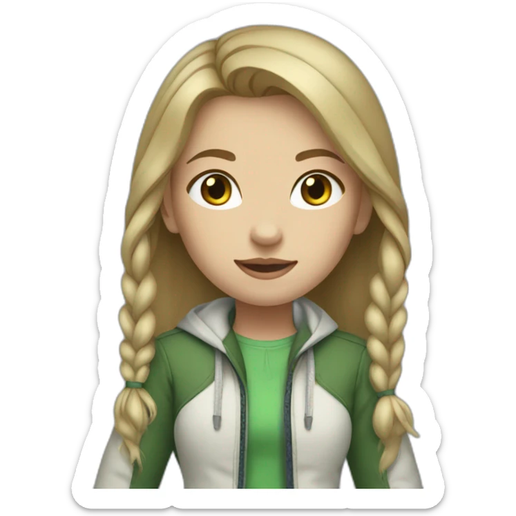Girl with tied hair and blue eyes, white shoes, green jacket and jeans sticker