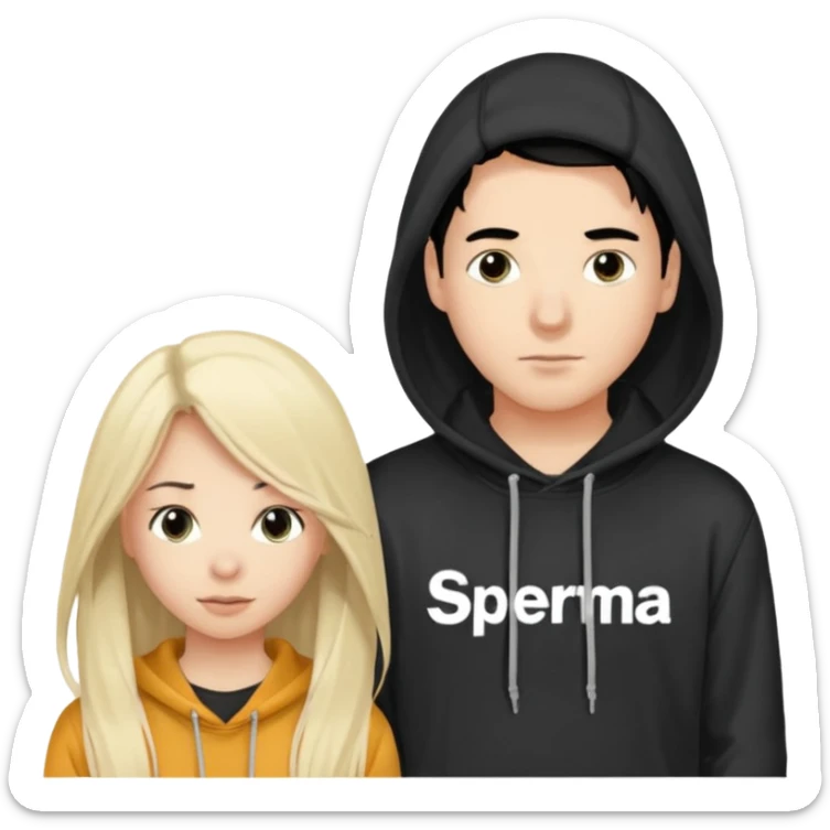 I want it to be this emote 🙍‍♂️
of a guy with black hair and a black sweatshirt with the word "sperma" written in white in the middle. Behind him, there's a pretty blonde with long hair, pulling the string on the first person's hoodie. The girl is wearing a gray sweatshirt. sticker