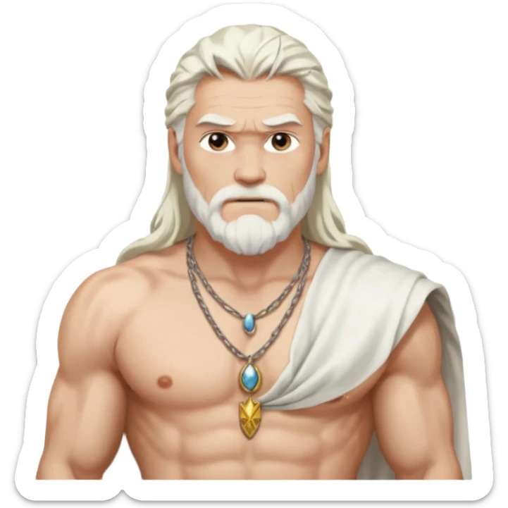 Odin with long white hair, white loincloth, shirtless with necklace sticker