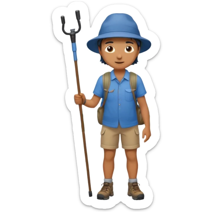 a full-body hiker with a hat blue shirt and hiking stick.hiking a mountain sticker