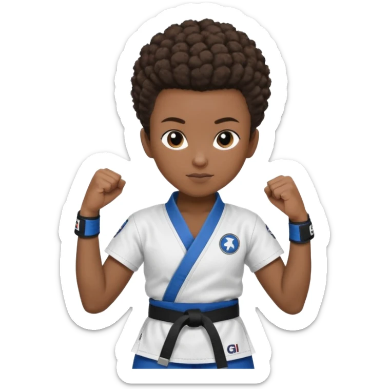 black karate instructor with pony tail afro hair and shaved bald sides haircut, Make the hair brown and the belt blue. Add the roger Gracie academy logo on the go also and the p logo of progress jiu jitsu on the right arm at the top sticker