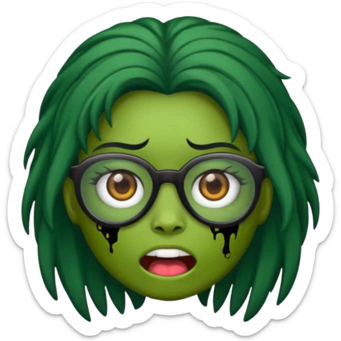 crie um emoji de zumbi feminino, com pele verde, óculos preto e cabelo longo preto sticker