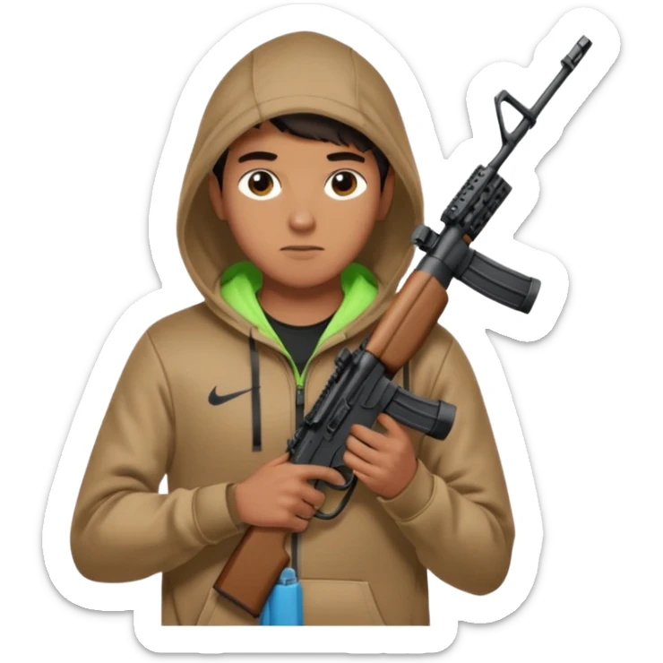
Fais moi un jeune taliban qui ressemble qui tient une AR15 avec un hoodie a capuche, capuché, avec la cagoule nike therma fit hood sticker