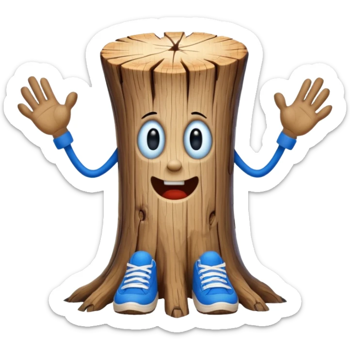 creepy long wooden stump character with arms and legs, wearing blue sneakers sticker