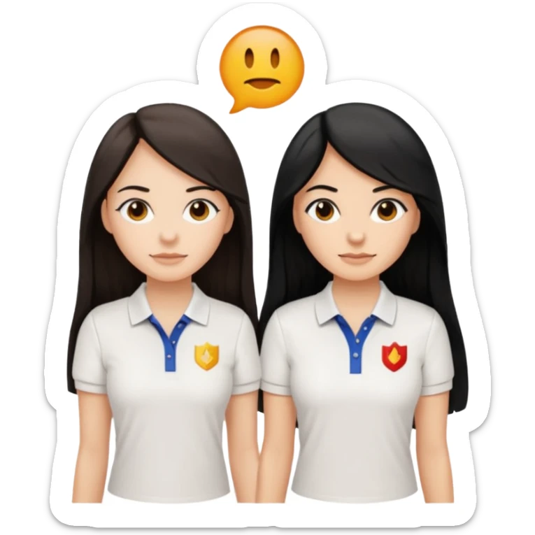 Dos mujeres juntas que una sea de color trigueña y de color blanca, cabello largo negro sea la de piel blanca y la de piel trigueña cabello castaño raya en medio, tengan polo blanco sticker