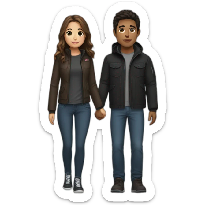 girl with a black top and jeans ,brown hair holding hands with a guy who is wearing a North face jacket  sticker