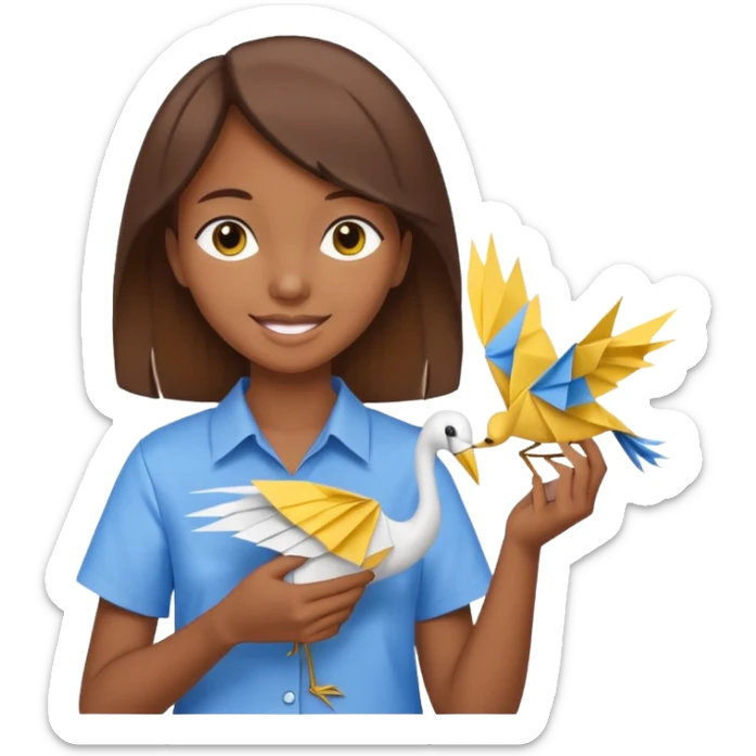 happy-african-young-girl-with-brown-hair-in-a-white-kanga-shirt-holds-an-origami-yellow-and-blue-crane sticker