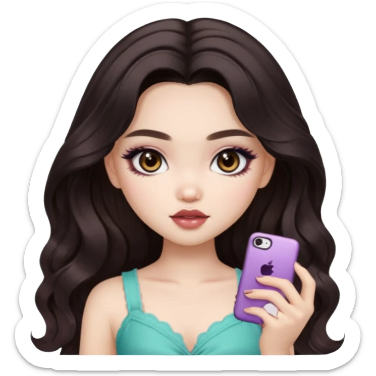 pale skin, girly bratz ASIAN vietnam baddie, beautiful dark brown eyes, pretty makeup, long dark to light ombré colored hair, wavy hair sticker