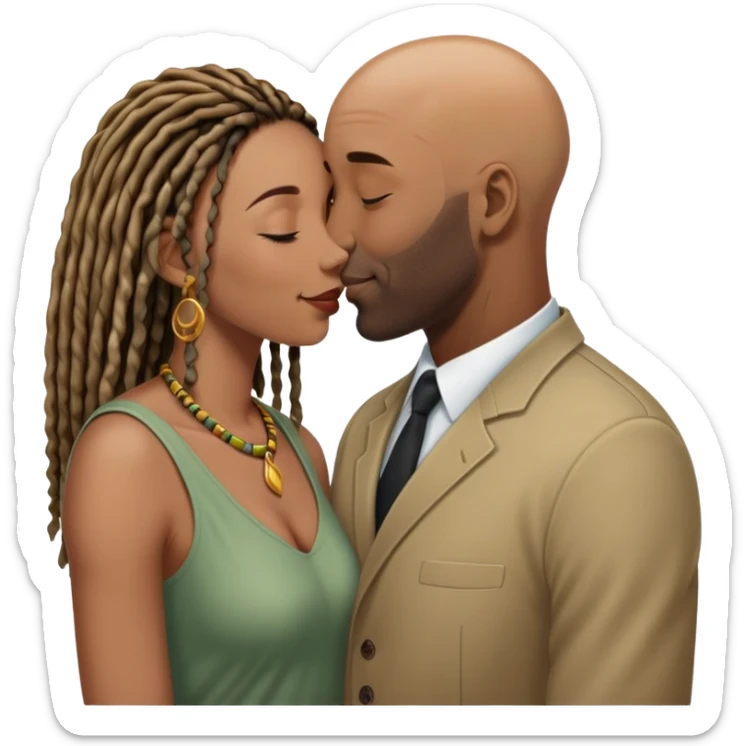 Tall bald black guy kissing the forehead of his short wife who is also black with locs sticker