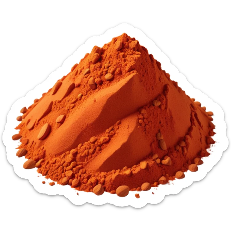 small scatter or mound of vibrant red-orange spice powder with slightly coarse flaky texture and matte finish, warm earthy color suggesting sun-dried peppers ground into fragrant flavorful dust, no bowl spoon or garnish, soft lighting, subtle shadows, emoji scale sticker