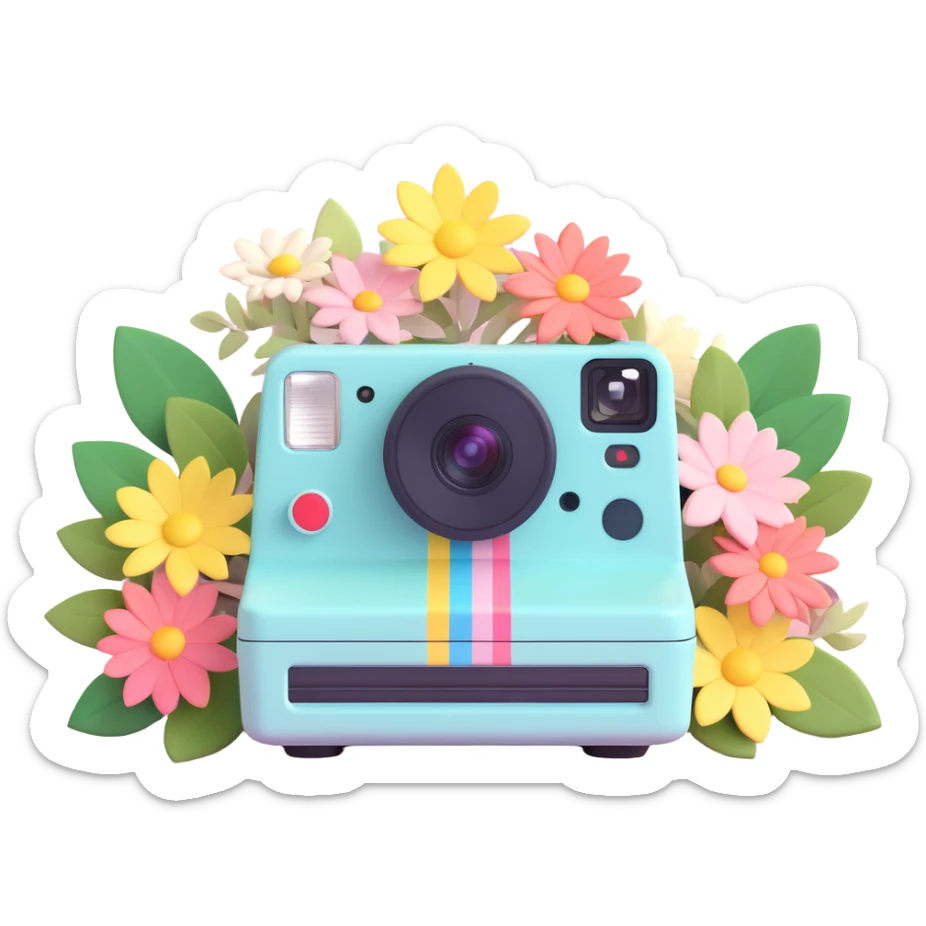 A 3D iOS style illustration of a Polaroid camera with a photo of flowers on top. The camera should have a pastel color scheme with floral decorations. The design should be clean and have a polished look typical of iOS design language. sticker