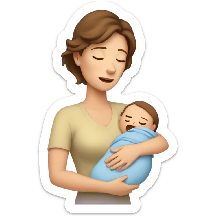  tired caucasian mother with brown hair, ,  holding one newborn baby sticker