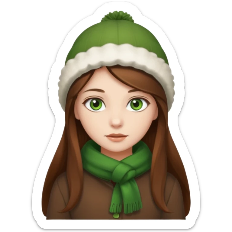 Girl green eyes brown long hair with brown-white winter clothes  sticker