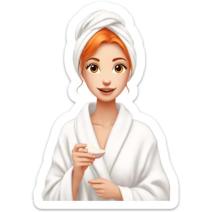 Girl putting cream on face bathroom red orange hair orange brown eyes beautiful face thick eyelashes pink lips gorgeous skinny fair skin white aesthetic tall girl doing skincare cozy robe hair in white towel sticker